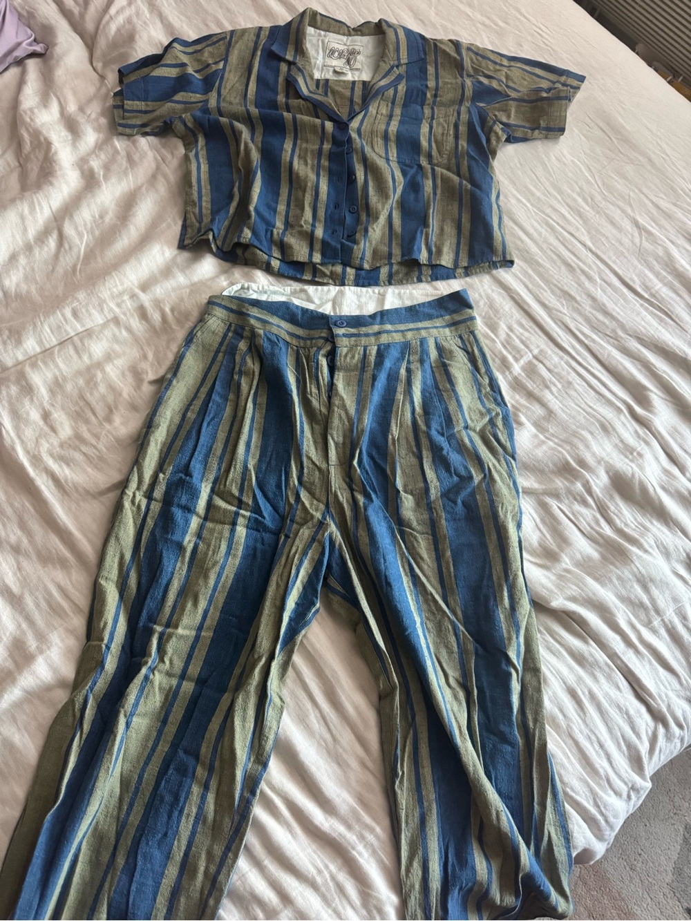 Striped Blue and Olive Wide-Leg Ace&Jig Pants - Picture 4 of 4